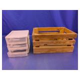(2) Wooden Crate & 3-Drawer Plastic Storage Lot
