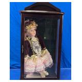 Porcelain Doll in Wooden Glass Display Case