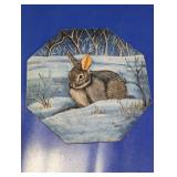 Octagonal Rabbit Winter Scene Painted Plaque