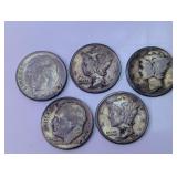 (5)Vintage US Silver Dimes Collection Lot