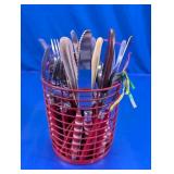 Assorted Flatware Set with Red Wire Basket