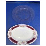 Depression Glass & Floral Oval Serving Platter Duo