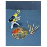 Metal Bird Figurine, Agate Slice & Stand Lot