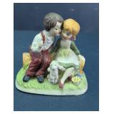 Vintage Porcelain Boy and Girl on Log Figurine