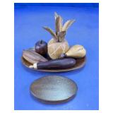 Hand-Carved Wooden Decorative Fruit Lot w/ Tray