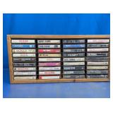 Vintage Rock Cassette Tape Lot w/Wooden Rack