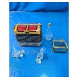 Rhinestone Tin Box and Glass Figurines Set