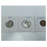 Vintage US Coin 1963 Nickel, 1965 Quarter & Cent