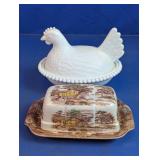 Ceramic Covered Butter Dish & Hen Dish Lot