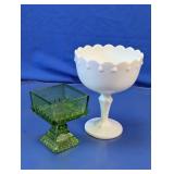 Green Glass & Milk Glass Pedestal Dish Lot
