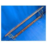 Vintage Wood Wall Shelf w/Brass Coat Hooks