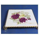 Ceramic Floral Tile Trivet with Brass Frame