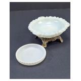 Milk Glass Footed Dish & Coaster Set