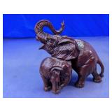 Hand-Carved Wooden Elephant Mother & Calf Figurine
