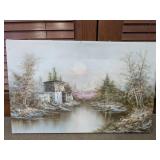Scenic River and Cabin Canvas Oil Painting