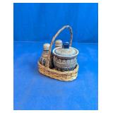 Stoneware Condiment Set with Wicker Basket