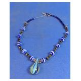 Blue Art Glass Pendant Beaded Necklace