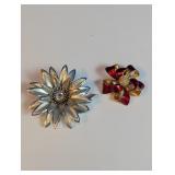 Vtg. Roman Red Bow & Silver Tone Flower Brooch