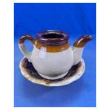 Vintage Hull Brown Drip Pottery Teapot & Saucer