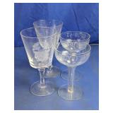 Assorted Vintage Etched Stemware Glasses