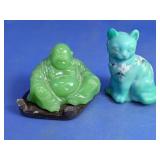 Green Buddha & Floral Cat Figurines