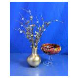 Art Glass Pedestal Bowl & Faux Gem Floral Display