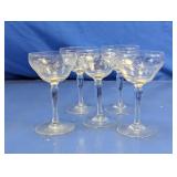 Vintage Etched Stemmed Cocktail Glasses Lot
