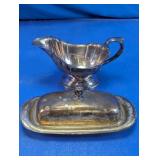 Silver Plate Covered Butter Dish and Gravy Boat