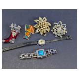 Costume Jewelry Brooch & Watch Assortment