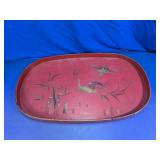 Asian Style Red Lacquer Crane Serving Tray