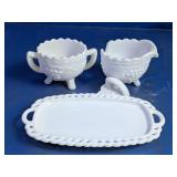 Milk Glass Creamer Sugar Bowl & Tray Set