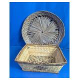 Vintage Woven Bamboo Basket & Tray Duo