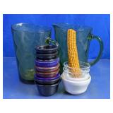 Green Glass Pitcher & Ramekin Assortment