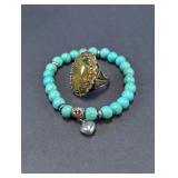 Vintage Stone Ring & Turquoise Bead Bracelet Duo