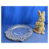 Decorative Bunny Figurine and Metal Tray Set