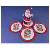 Vintage Santa Claus Figurine & Metal Coasters Set
