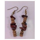 Stone Chip & Wood Bead Dangle Earrings