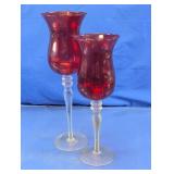 Red Glass Long Stem Candle Holder Duo