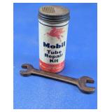 Vintage Mobil Tube Repair Kit Container w/ Wrench