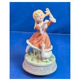 Vtg. Porcelain Girl & Goose Music Box Figurine