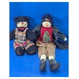Primitive Snowman Doll & Plush Black Cat Decor