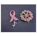 Pink Ribbon Awareness & Floral Brooch Pin Set