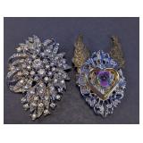Rhinestone Brooch & Winged Heart Pin Set