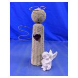 Rustic Concrete & Ceramic Angel Figurines Duo