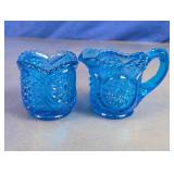 Blue Patterned Glass Mini Creamer and Sugar Set