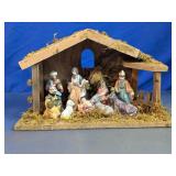 Rustic Wood Nativity Set with Porcelain Figures