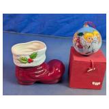 Ceramic Santa Boot & Glass Angel Ornament Duo