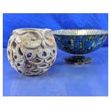 Owl Lantern & Blue Mosaic Glass Bowl