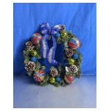Decorated Christmas Wreath w/ Blue Ribbon