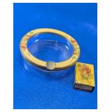 Floral Glass Ashtray & Match Holder Set
